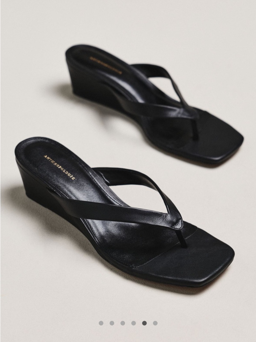 Anthropologie Black Leather Wedge Thong Heels